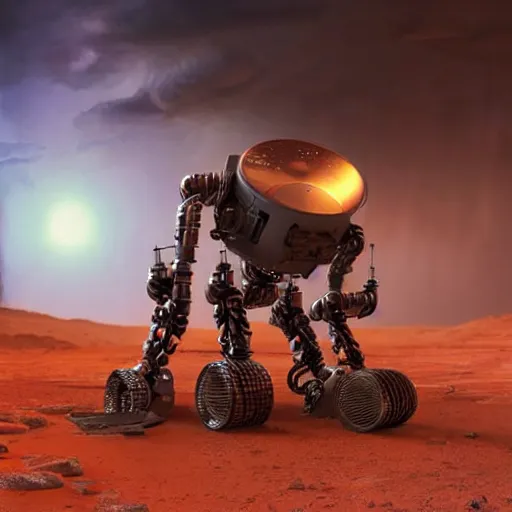 Prompt: UHD closeup of a Photorealistic Robot playing Drums during a wicked lightning storm on Mars, with a cool pose, by Antonio Caparo and Ferdinand Knab and Greg Rutkowski, UHD, photorealistic, trending on artstation, trending on deviantart