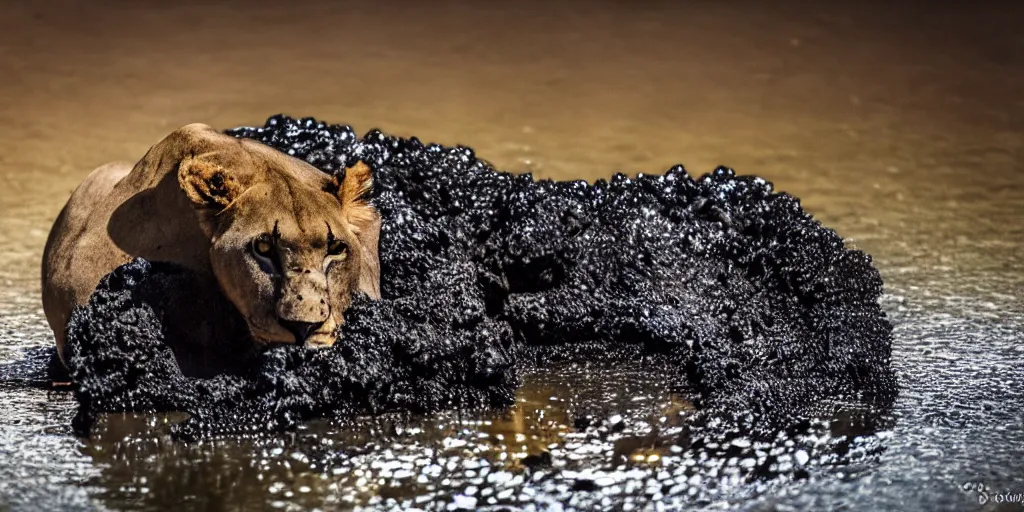 Image similar to a black lioness, made of ferrofluid, bathing inside the lake of tar, full of goo, covered with ferrofluid. dslr, photography, realism, animal photography, color, savanna, wildlife photography