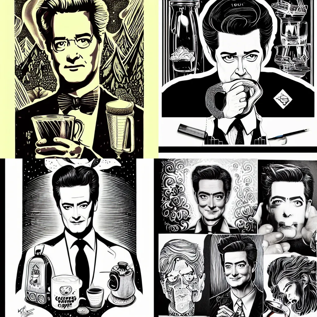 Prompt: painting Kyle MacLachlan Twin Peaks drinks coffee by Joe Fenton