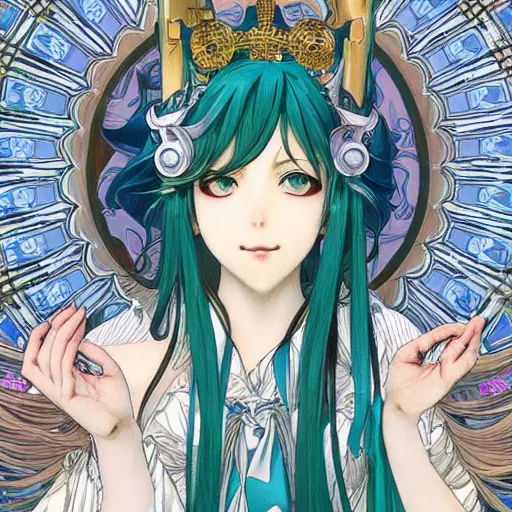 Image similar to hatsune miku, artwork by Alphonse Mucha, highly detailed, manga, anime