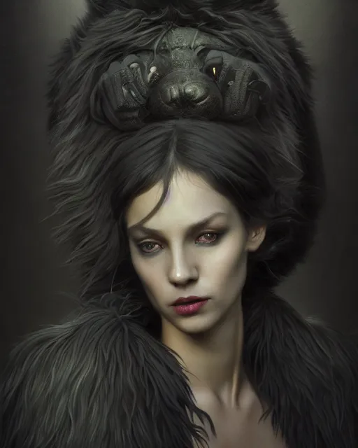 Prompt: a portrait of black furry shadow nightmare monster hybrid human in a background of deep shadows, illustration, dramatic lighting, soft details, painting oil on canvas, art nouveau, octane render, HDR, 4k, 8k, HD, by Edmund Blair Leighton, Brom, Charlie Bowater, trending on artstation, Tom Bagshaw, faces by otto Schmidt