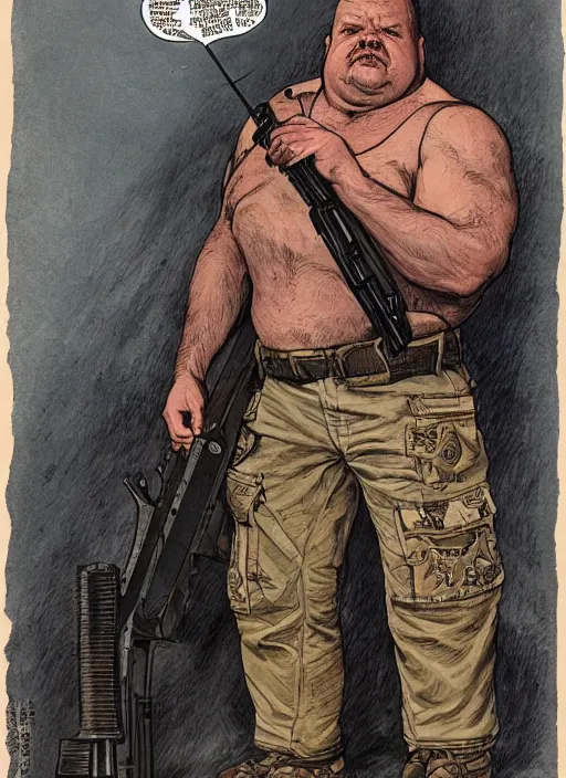 Image similar to gk chesterton as a buff mercenary with tattoos and a shotgun. portrait by james gurney and mœbius.