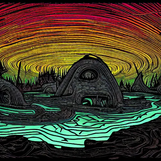 Image similar to thegodric forest settee monolithic monuments by dan mumford and tom thomson, 8 k resolution digital art. lot of neons. trending on artstation. psychedelic luminus rapids vault biscuit