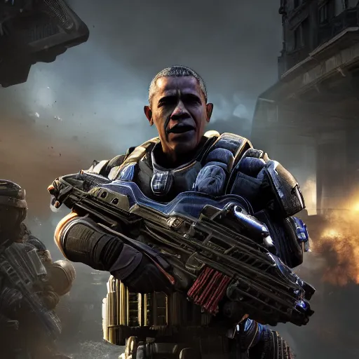 Image similar to barrack obama in gears of war battlefield 5, splash art, movie still, cinematic lighting, dramatic, octane render, long lens, shallow depth of field, bokeh, anamorphic lens flare, 8 k, hyper detailed, 3 5 mm film grain