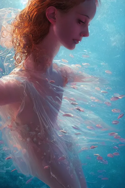 Image similar to stunningly beautiful, ballerina at the bottom of the great barrier reef by jaques cousteau, smooth, focus, highly detailed, hyper realistic, dramatic lighting, intricate, concept art, art by wlop