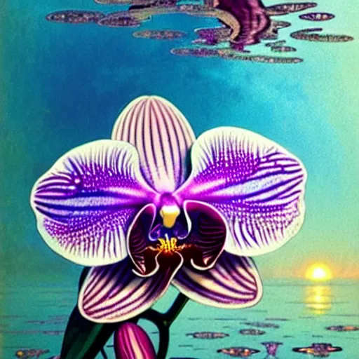 Image similar to detailed intricate orchid flower surrounded by ocean wave, water, ripples, transparent droplets, backlit, sunset, refracted lighting, art by collier, albert aublet, krenz cushart, artem demura, alphonse mucha