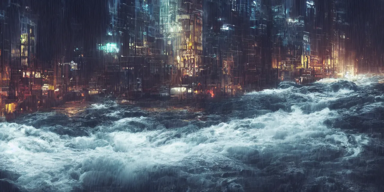 Image similar to street level view of turbulent river rapids rushing through a city at night , volumetric lighting, rain, 4k, octane, digital painting, artstation, concept art, sharp focus, illustration, high contrast, high saturation , cinematic film still,