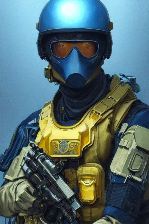 Image similar to a special forces unit soldier modern technology, blue and yellow shoulder patch, realistic portrait full body, symmetrical, highly detailed, digital painting, artstation, concept art, smooth, sharp focus, illustration, cinematic lighting, art by artgerm and greg rutkowski and alphonse mucha