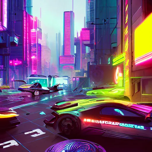 Image similar to Neon cyberpunk cityscape with flying cars and advertisement screens, Blender 3D, Unreal Engine, 8k, by Jordan Grimmer and Andrea Pozzo