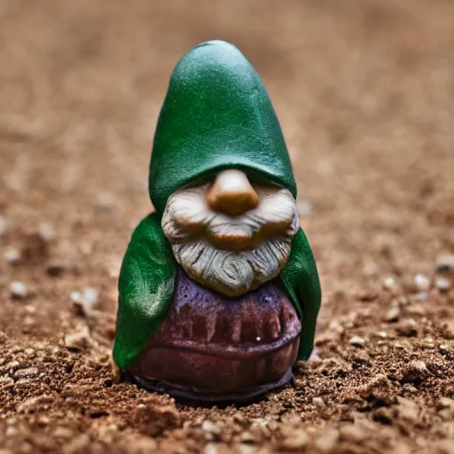Image similar to garden gnome inside gravy, DSLR 15mm, macro photo