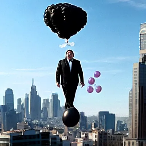 Prompt: clean-shaven Jon Favreau as Happy Hogan wearing a black suit and black necktie holding onto a bunch of helium balloons as he floats high above a city, top-down view