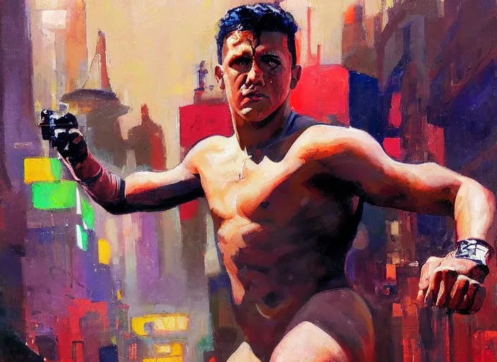 Image similar to a highly detailed beautiful portrait of alexis sanchez cyberpunk, by gregory manchess, james gurney, james jean