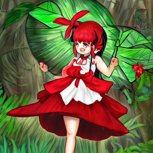 Prompt: a drawing of reimu in the jungle wearing bonnet