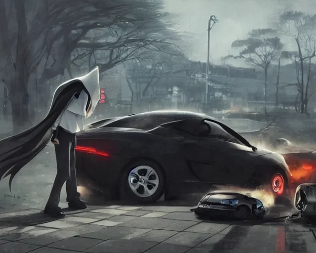 Image similar to the grim reaper standing over a 50 year old brunnette chinese man with puffy cheeks lying with closed eyes on the ground next to a white super car crash, horror scene, dramatic, anime art, Greg Rutkowski, studio ghibli, dramatic lighting