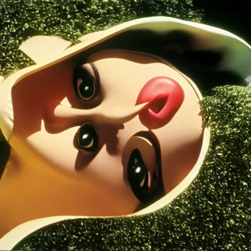 Image similar to glamorous woman with an inflatable nose, long snout, in the hillside, 1974 arthouse film, archival footage, technicolor film