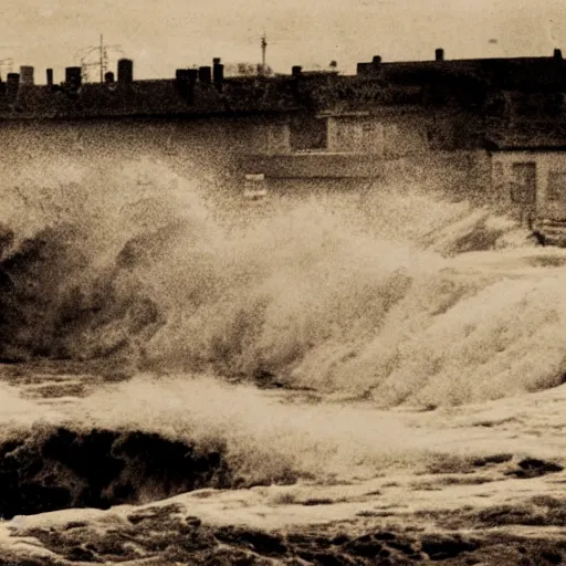 Image similar to grainy 1800s photo of a huge tidal wave of mud about to engulf a city