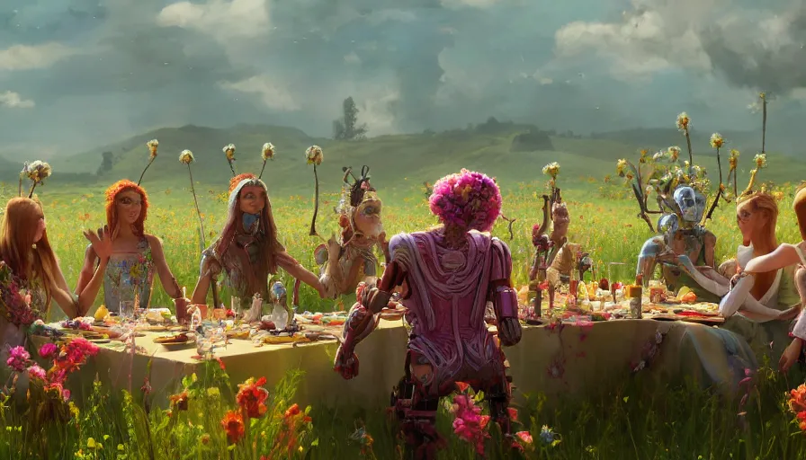 Prompt: a table dinner of humanoid robots where robots are dressed like the characters from the midsommar movie wearing flowers, realistic detailed digital art by maxwell boas jessica rossier christian dimitrov anton fadeev trending on artstation cgsociety rendered in unreal engine 4 k hq