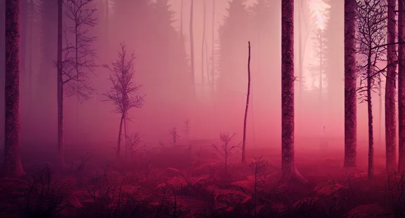 Prompt: national geographic photo of dark russian forest, soft colors, bright neon, retro-futurism, atomic heart game concept render