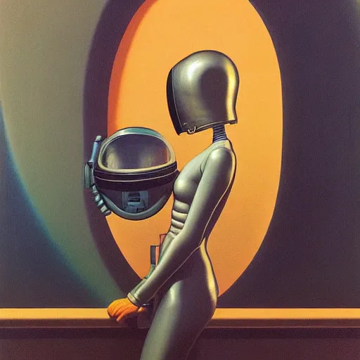 Image similar to portrait of an astronaut lady woman wearing helmet with tight black latex dress tight suit, Edward Hopper and James Gilleard, Zdzislaw Beksinski, Mark Ryden, Wolfgang Lettl highly detailed