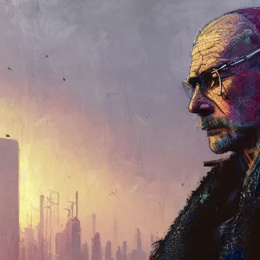 Image similar to cyberpunk, closeup portrait of a shaggy old cyberpunk fence, bald, tired eyes, tattered tweed jacket, dramatic light, city background, sunset, dystopian setting, high contrast, sharp, neuromancer, the finn, painted by stanley lau, painted by greg rutkowski, painted by stanley artgerm, digital art, trending on artstation