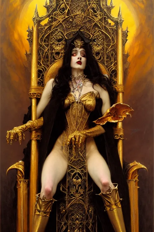 Image similar to full body portrait of beautiful vampire queen in gold gothic robe sitting on a throne of bones, elegant, highly detailed painting by gaston bussiere, craig mullins, j. c. leyendecker, 8 k, mid shot