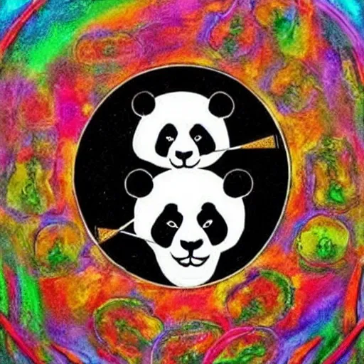 Prompt: “dmt ayahuasca dream of a panda riding an unicycle, psychedelic”