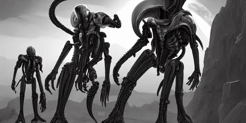 Image similar to single mono colossal android, in the background are xenomorphs, mars, artstation cinematic