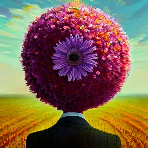 Image similar to giant daisy flower head, frontal, girl in a suit, surreal photography, sunrise, dramatic light, impressionist painting, digital painting, artstation, simon stalenhag