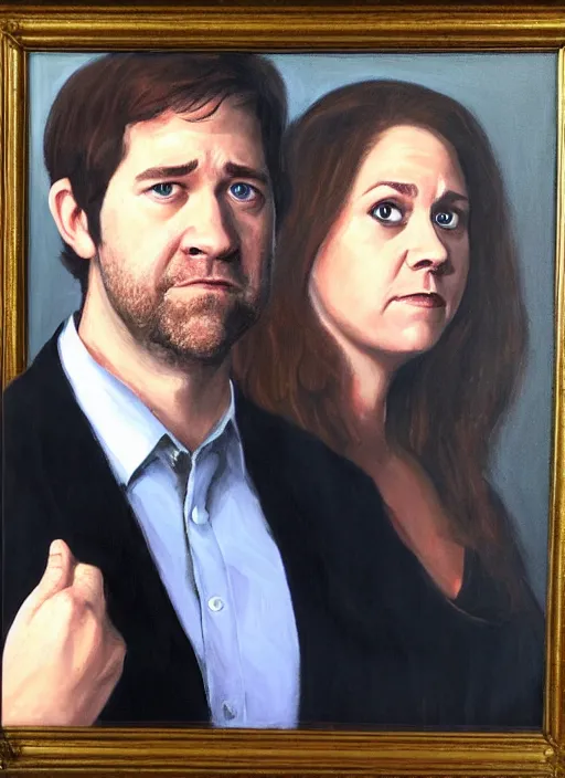 Image similar to portrait painting of jim halpert and pam beesly, dark background, in the style of caravaggio