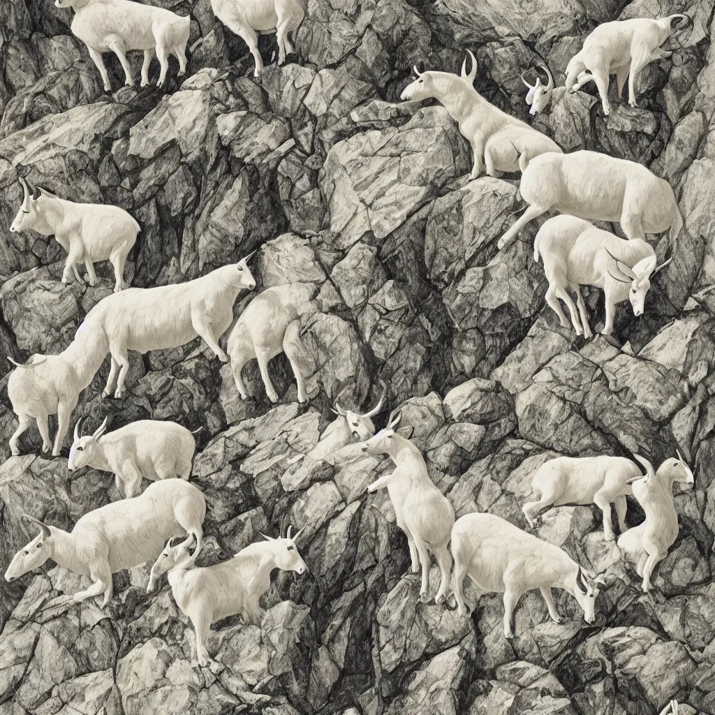 Image similar to mountain goats on a sheer cliffside, expressive, hyperrealism, photorealistic, lithography, fabric pattern