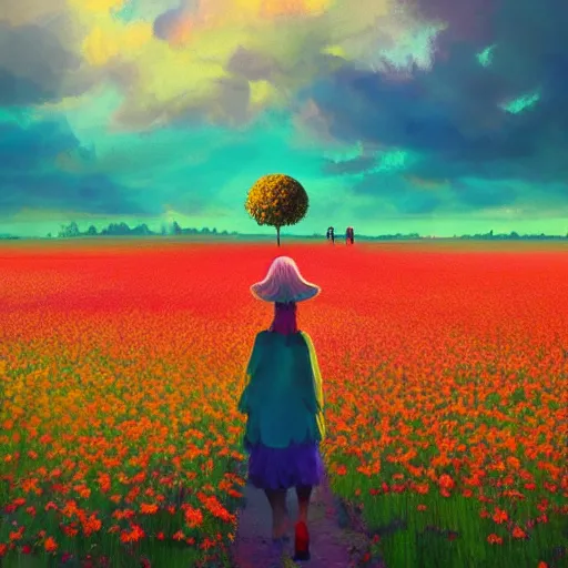 Image similar to giant flower as a head, girl walking in flower field, surreal photography, sunrise, dramatic light, impressionist painting, colorful clouds, digital painting, artstation, simon stalenhag