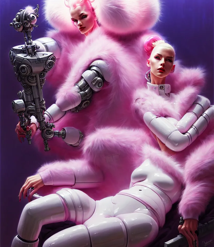 Image similar to beautiful fantasy character portrait, wearing pink puffy bomber jacket with white fur, seductive reclining pose, futuristic robots sitting, ultra realistic, dramatic lighting, robots, the fifth element artifacts, highly detailed by peter mohrbacher, hajime sorayama, wayne barlowe, boris vallejo, aaron horkey, gaston bussiere, craig mullins