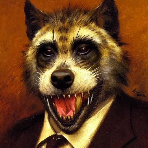 Prompt: a portrait of a gnoll wearing a suit and pulling his tongue at the viewer. highly detailed painting by gaston bussiere, craig mullins, j. c. leyendecker 8 k