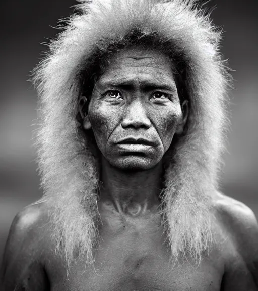 Image similar to Award winning reportage photo of Palau Natives with incredible hair and beautiful hyper-detailed eyes wearing traditional garb by Lee Jeffries, 85mm ND 5, perfect lighting, gelatin silver process