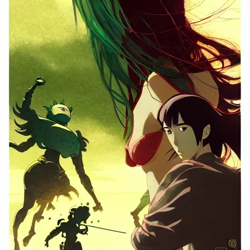Prompt: green lady fighting red 3, high intricate details, hyper realistic, rule of thirds, golden ratio, cinematic light, anime style, graphic novel by fiona staples and dustin nguyen, by beaststars and orange, peter elson, alan bean, studio ghibli, makoto shinkai