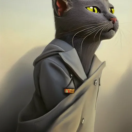 Image similar to Portrait painting of an anthropomorphic gray cat wearing a jacket, as an The Badboys (2022) character, medium shot, asymmetrical, profile picture, Organic Painting, sunny day, Matte Painting, bold shapes, hard edges, street art, trending on artstation, by Huang Guangjian and Gil Elvgren and Sachin Teng