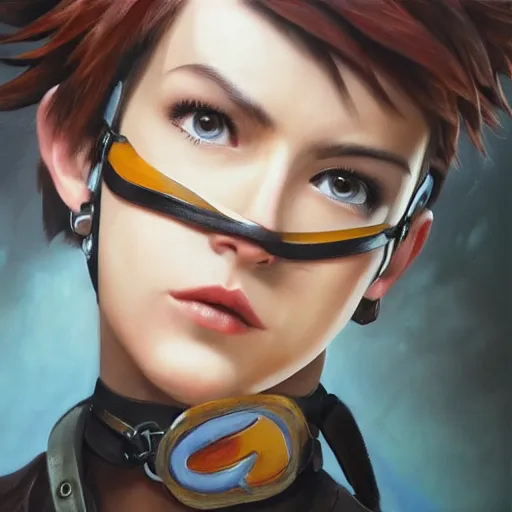 Image similar to oil painting of tracer overwatch in a field wearing large leather choker around neck, in style of mark arian, expressive face, detailed face, detailed eyes, full body, feminine face, tracer overwatch,