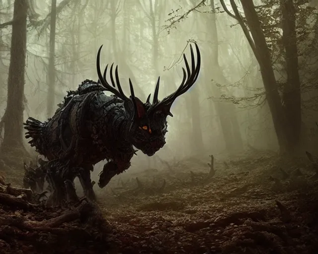 Image similar to 5 5 mm portrait photo of an armored demonic cat with antlers, in a magical forest. magical atmosphere. art by greg rutkowski. highly detailed 8 k. intricate. lifelike. soft light. nikon d 8 5 0.
