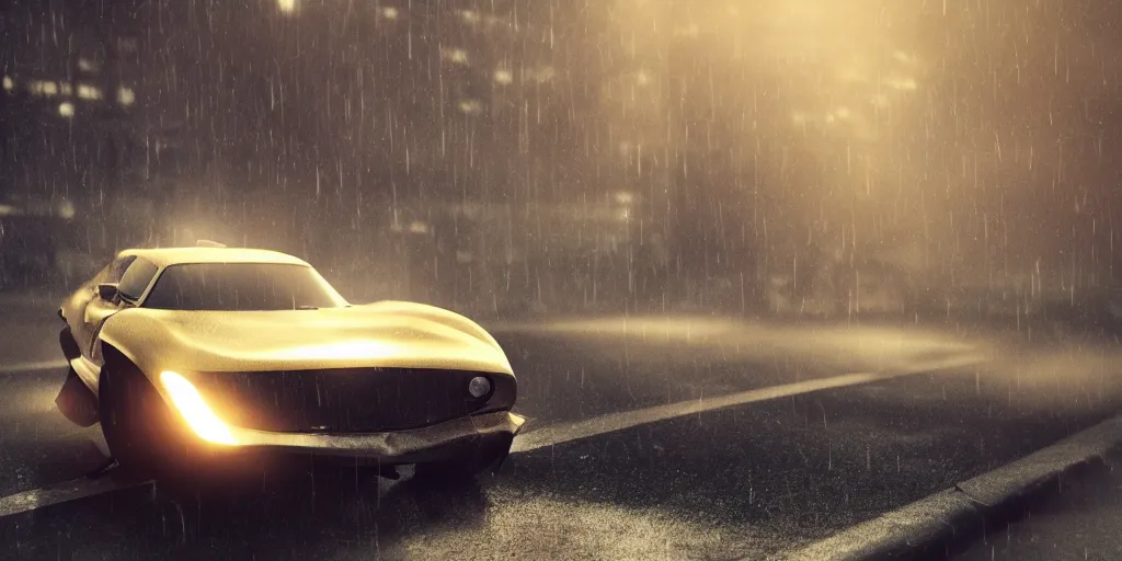 Prompt: parked 6 0 s batmobile, fog, rain, volumetric lighting, beautiful, golden hour, sharp focus, highly detailed, cgsociety