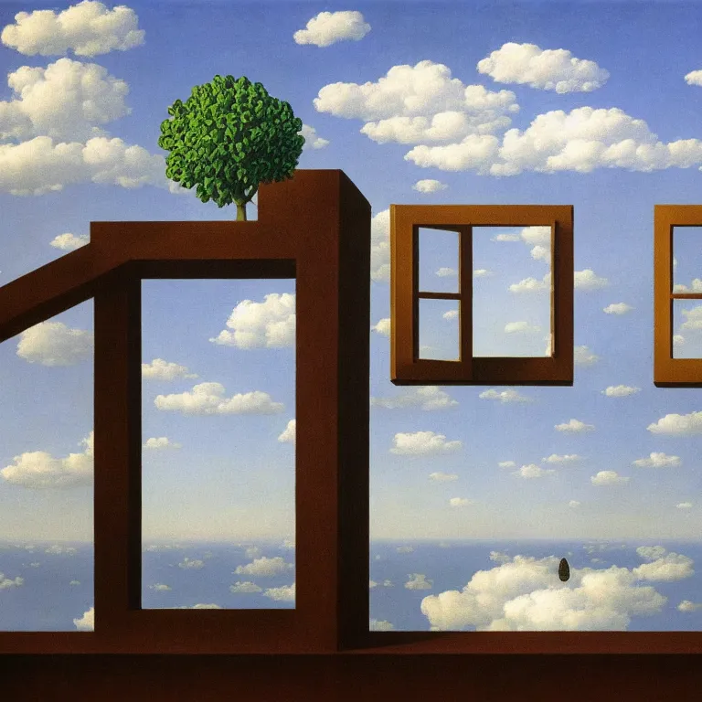 Prompt: window floating in the sky, by rene magritte, centered, detailed painting, hd, hq, high resolution, high detail, 4 k, 8 k