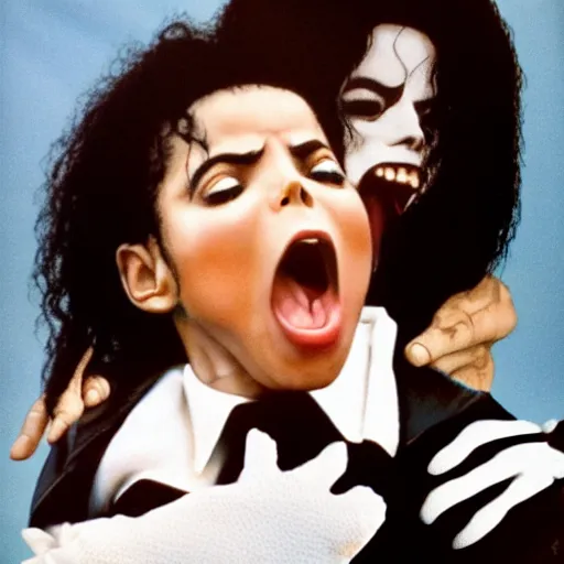 Image similar to michael jackson scream holding a baby on top of tower