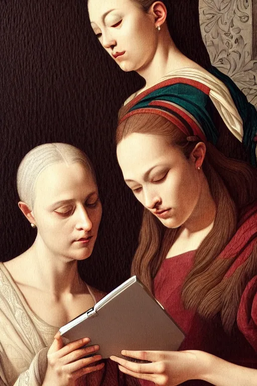 Image similar to portrait of two wise and very beautiful women reviewing some texts, art by tiziano, intricate, elegant, highly detailed, smooth, sharp focus, artstation