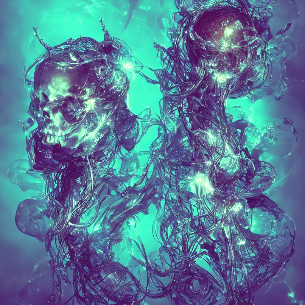 Image similar to close-up portrait goddess horned skull, x-ray, backbone, jellyfish phoenix head, nautilus, orchid, betta fish, bioluminiscent creatures, dark deep complex air bubbles in background, intricate artwork by Tooth Wu and wlop and beeple. octane render, trending on artstation, greg rutkowski very coherent symmetrical artwork. cinematic, high contrast, hyper realism, high detail, octane render, 8k