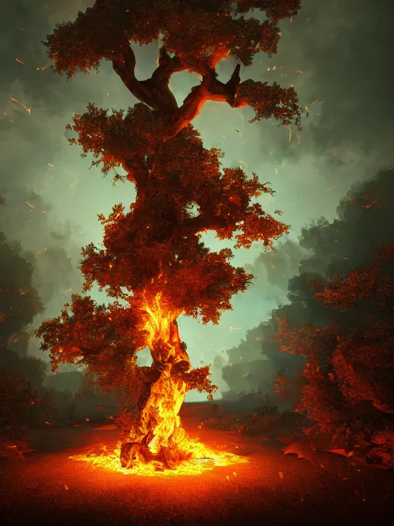 Prompt: portrait art of oak tree on fire in hell 8k ultra realistic , lens flare, atmosphere, glow, detailed,intricate, full of colour, cinematic lighting, trending on artstation, 4k, hyperrealistic, focused, extreme details,unreal engine 5, cinematic, masterpiece