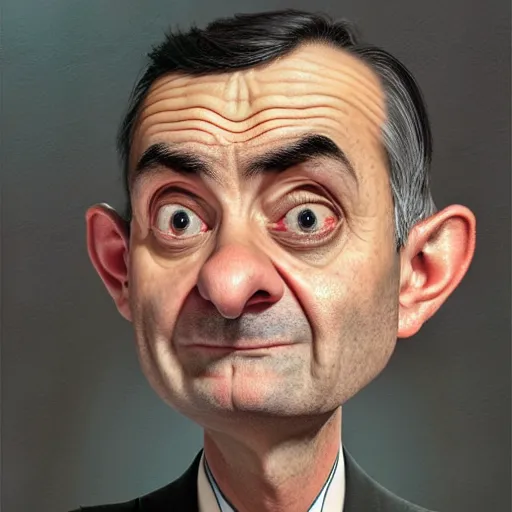 Image similar to mrbean head caricature, artgem, digital painting, fullshot, color painting, hyperrealistic, concept art, oil painting, masterpiece, concept art, trending on deviantart, realistic and detailed face, highly detailed, high quality, 8 k, soft lighting, fancy colors, fantasy, cinematic, high coherence