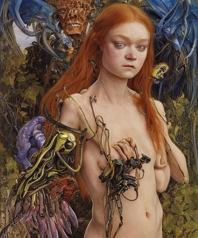 Prompt: a portrait photograph of a harpy cyborg with slimy skin being transformed into a beautiful alien. she looks like sadie sink and is wearing a colorful infected sleek organic catsuit. by donato giancola, hans holbein, walton ford, gaston bussiere, peter mohrbacher and brian froud. 8 k, cgsociety, fashion editorial