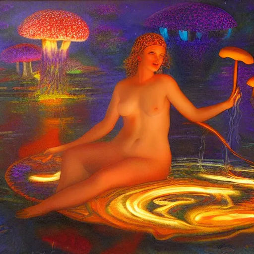 Prompt: goddess of mushrooms bathing in the glowing lake, fantasy painting