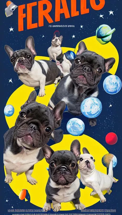 Prompt: movie poster of french bulldogs as astronauts, highly detailed, hyper realistic, large text, bright colours