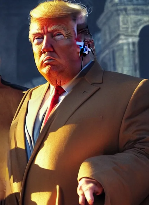 Image similar to Donald trump as Vladimir Harkonnen, photorealistic, dramatic lighting, background is dark cathedral, hyper realistic