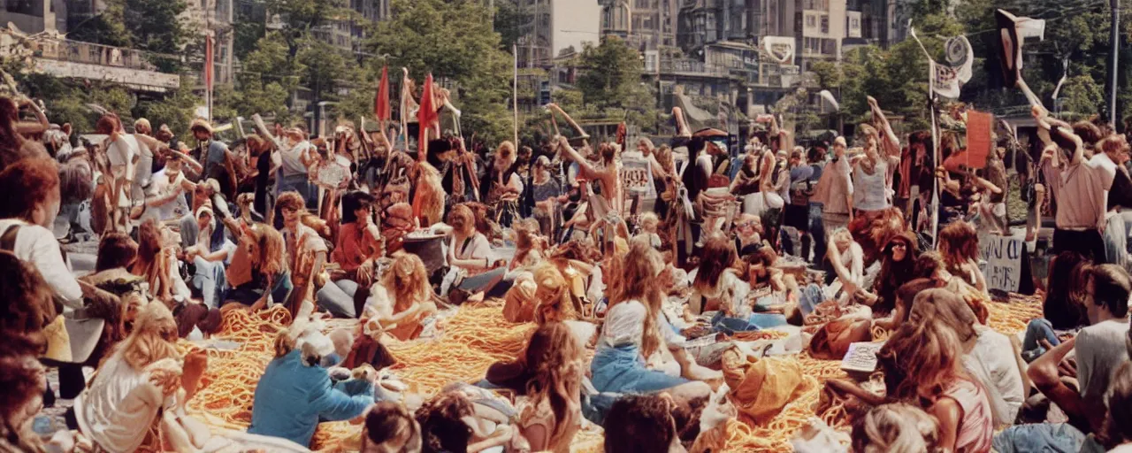 Image similar to hippies protesting spaghetti, 1 9 6 0's, high detail, canon 5 0 mm, wes anderson film, kodachrome